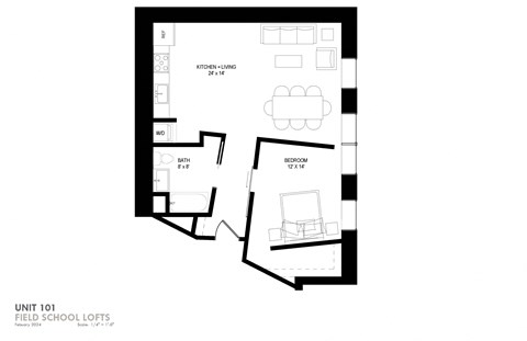 a floor plan of a unit with a bedroom and a living room